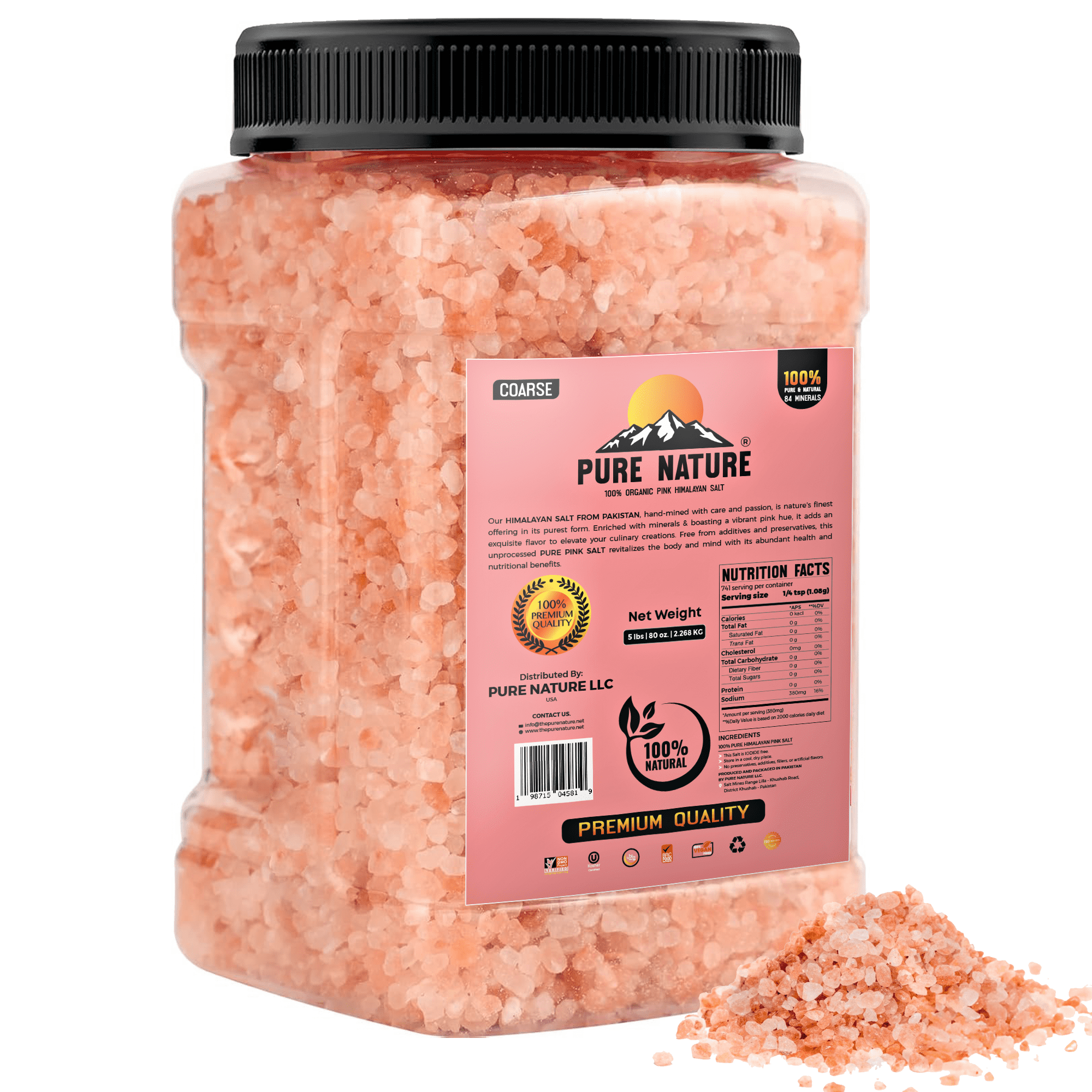 PURE NATURE Himalayan Pink Salt 5lb Coarse Grain Jar, Natural, Unprocessed Rock-Salt with 84 Minerals Bulk Gourmet-Salt for Cooking, Grilling,Boosts Electrolytes and Balances Body pH