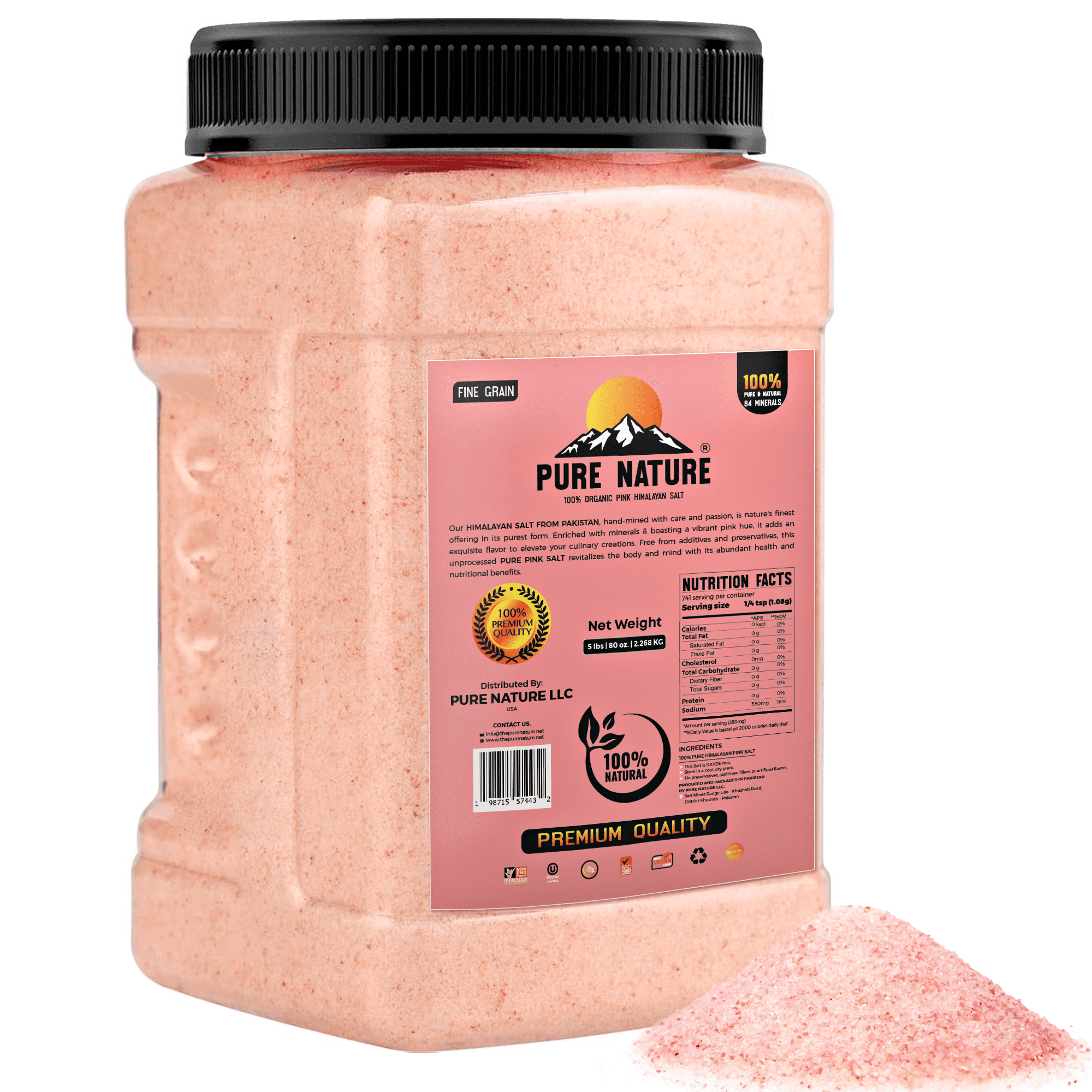 PURE NATURE Himalayan Pink Salt 5lb Fine Grain Jar, Natural Unprocessed Rock-Salt with 84 Minerals Bulk Gourmet-Salt for Cooking, Grilling,Boosts Electrolytes and Balances Body pH