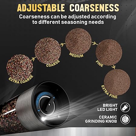 Pure Nature Salt and Pepper Grinder Set with rechargeable base. Premium Stainless Steel up-graded larger capacity with LED Lights, 5 Adjustable Coarseness, Refillable, Type-C Fast Charging.