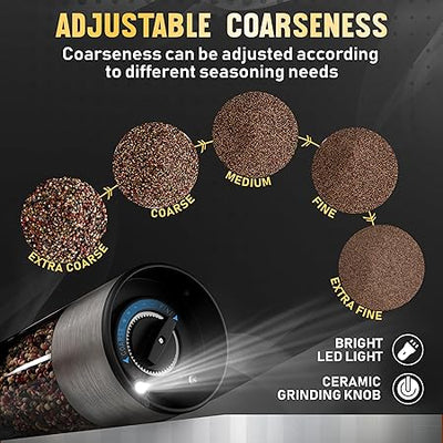 Pure Nature Salt and Pepper Grinder Set with rechargeable base. Premium Stainless Steel up-graded larger capacity with LED Lights, 5 Adjustable Coarseness, Refillable, Type-C Fast Charging.
