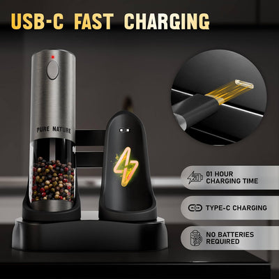 2-Pack Electric Salt & Pepper Grinder Set - USB Rechargeable, Adjustable Coarseness, LED Light, Large Capacity